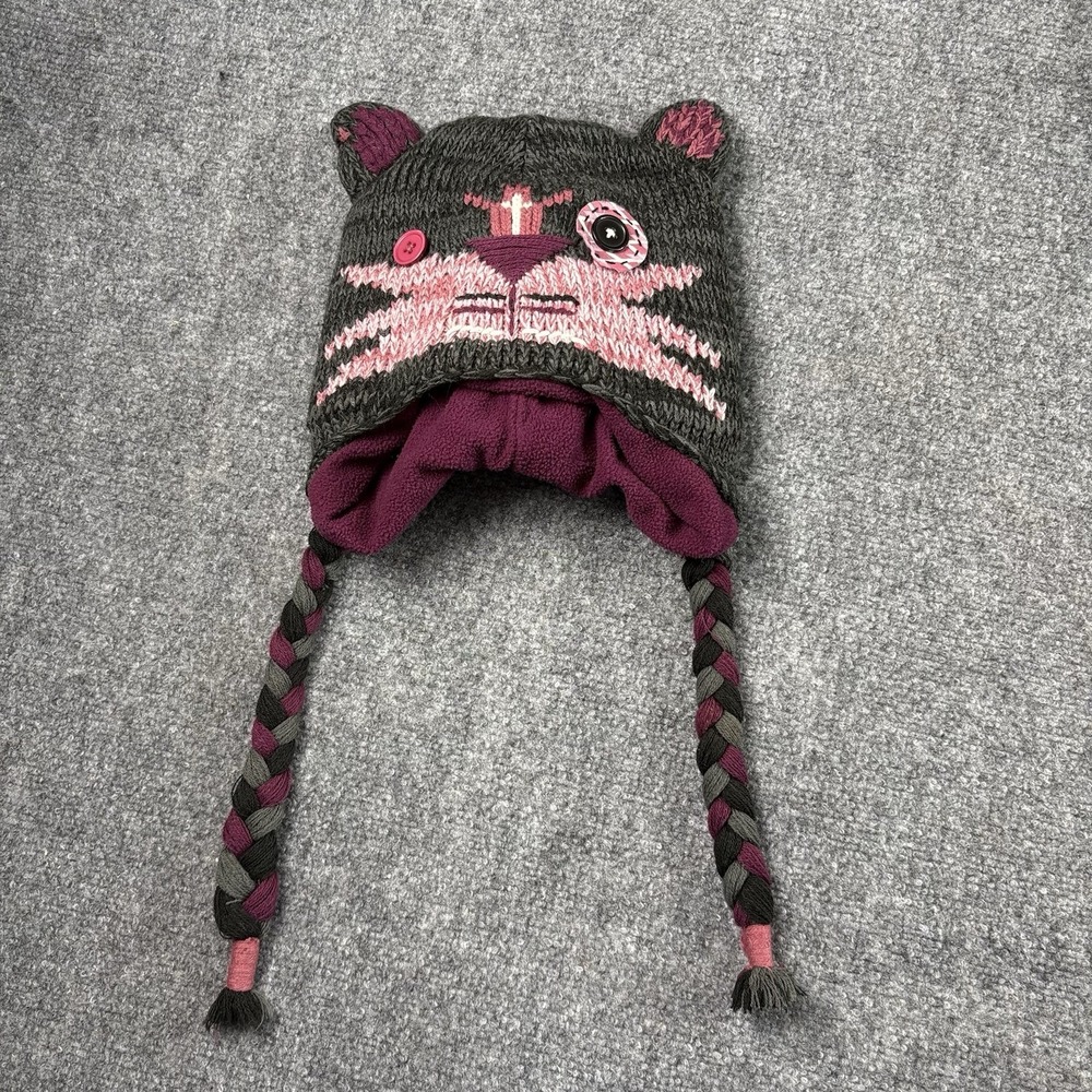 Cat Ear Trapper Hat OS Gray Pink Knit Pom Pom Tail Fleece Lined Kawaii Cozy Boho